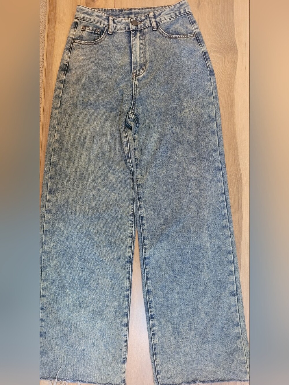 Missguided Retro High Rise Wide Leg Jeans Acid Wash Raw Hem Blue Size 26